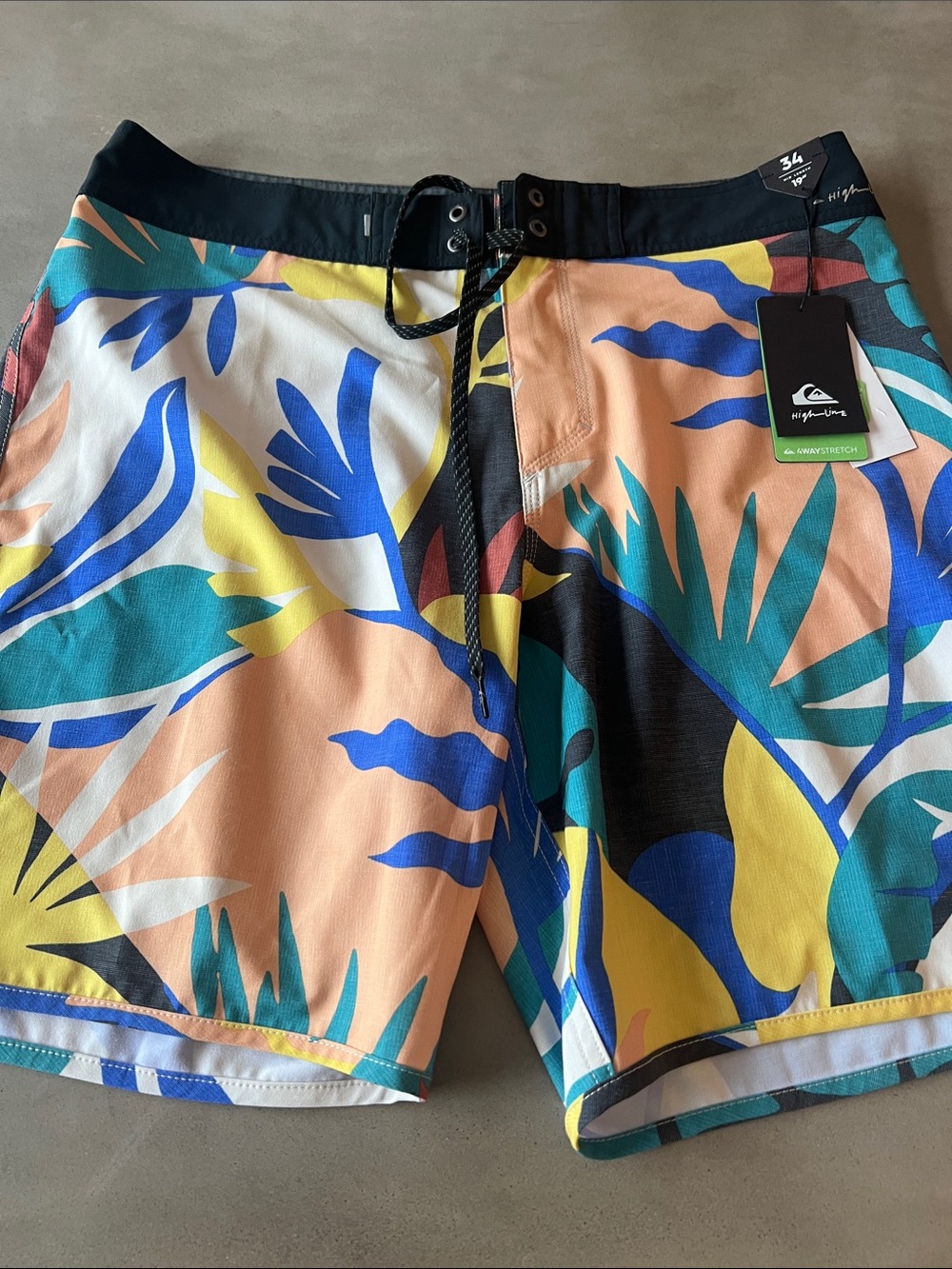 Quiksilver Palm Leaf Print Swim Shorts - Blue, Yellow, Peach, Teal, Black, White